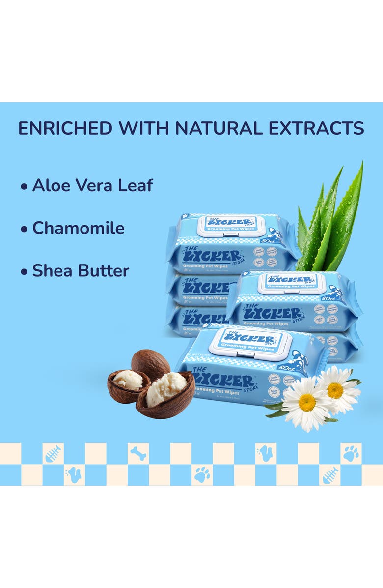 The Licker Store Dog Grooming Wipes, Hydrating & Hypoallergenic, Unscented, Aloe, Chamomile & Shea Butter, Alternate, color, White - 6Pack (80Ct)