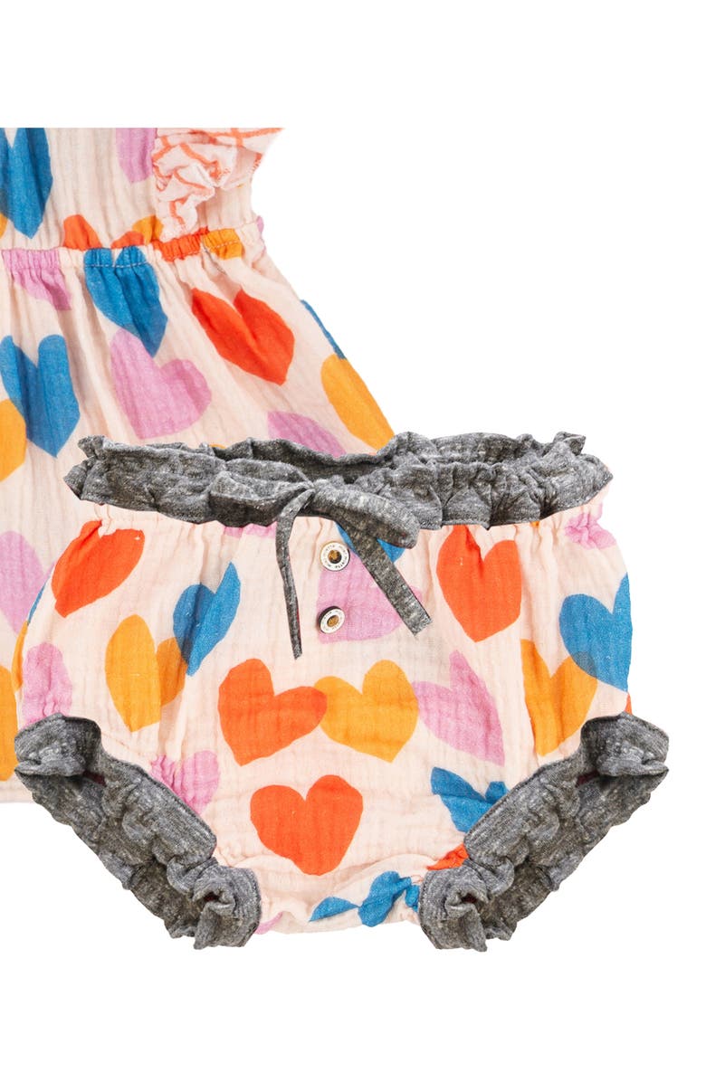 Miki Miette Heart Ruffle Short Sleeve Cotton Dress & Bloomers, Alternate, color, 