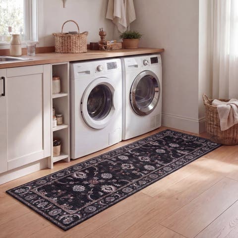 Arabella Vintage Floral Border Non-Slip Machine-Washable Beige/Cream 9 ft. x 12 ft. Area Rug