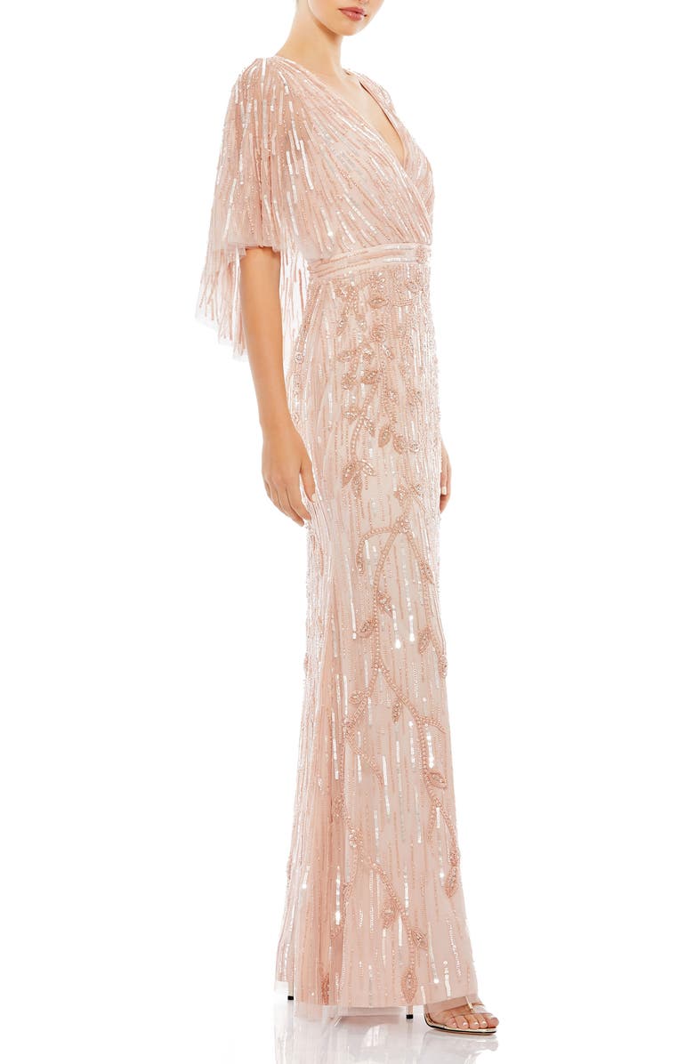Mac Duggal Embellished Cap Sleeve Faux Wrap Trumpet Gown, Alternate, color, Blush