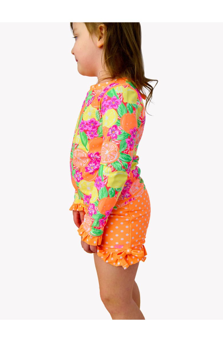 RuffleButts UPF50+ Seersucker Long Sleeve Rash Guard Ruffle Shorts 2-Piece Swimsuit, Alternate, color, Neon Squeeze The Day