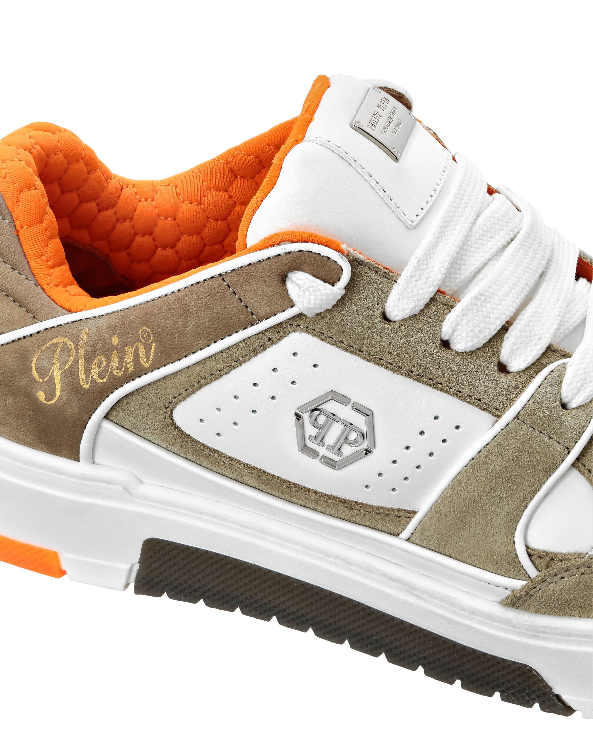 Mix Leather Lo-Top Sneakers Hexagon Luxe Unisex, Alternate, color, beige/orange