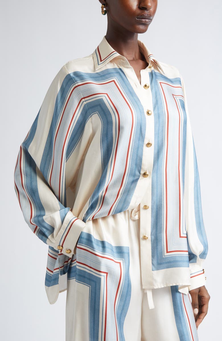 Zimmermann Relaxed Stripe Silk Button-Up Shirt with Removable Scarf, Alternate, color, Ticking Stripe