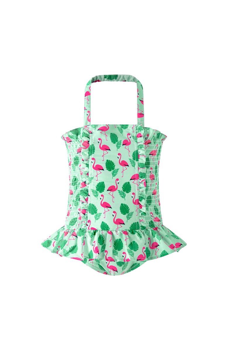Rachel Riley Flamingo Ruched Swimsuit, Main, color, Green