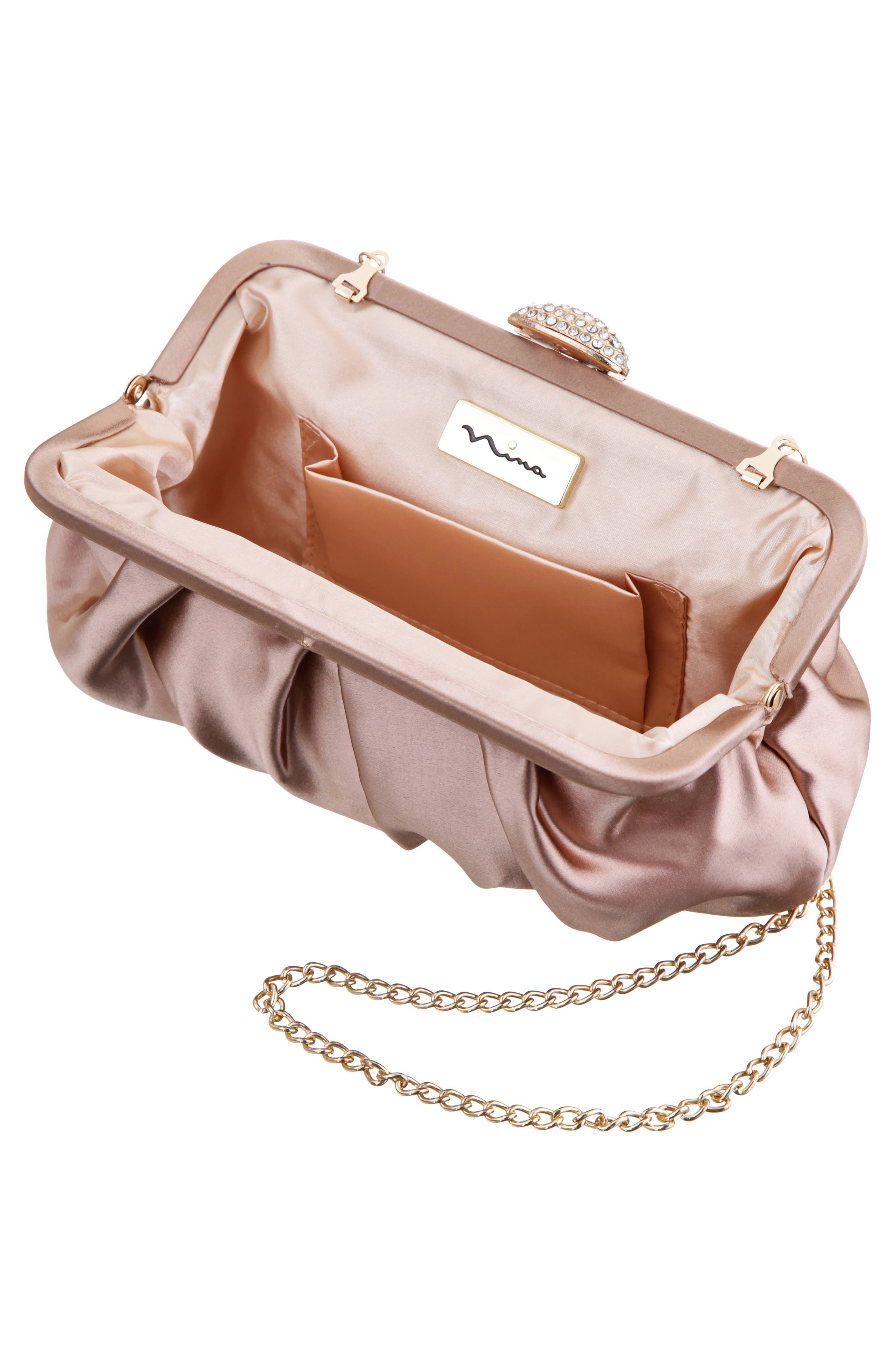 Concord Pleated Satin Frame Clutch, Alternate, color, HONEY