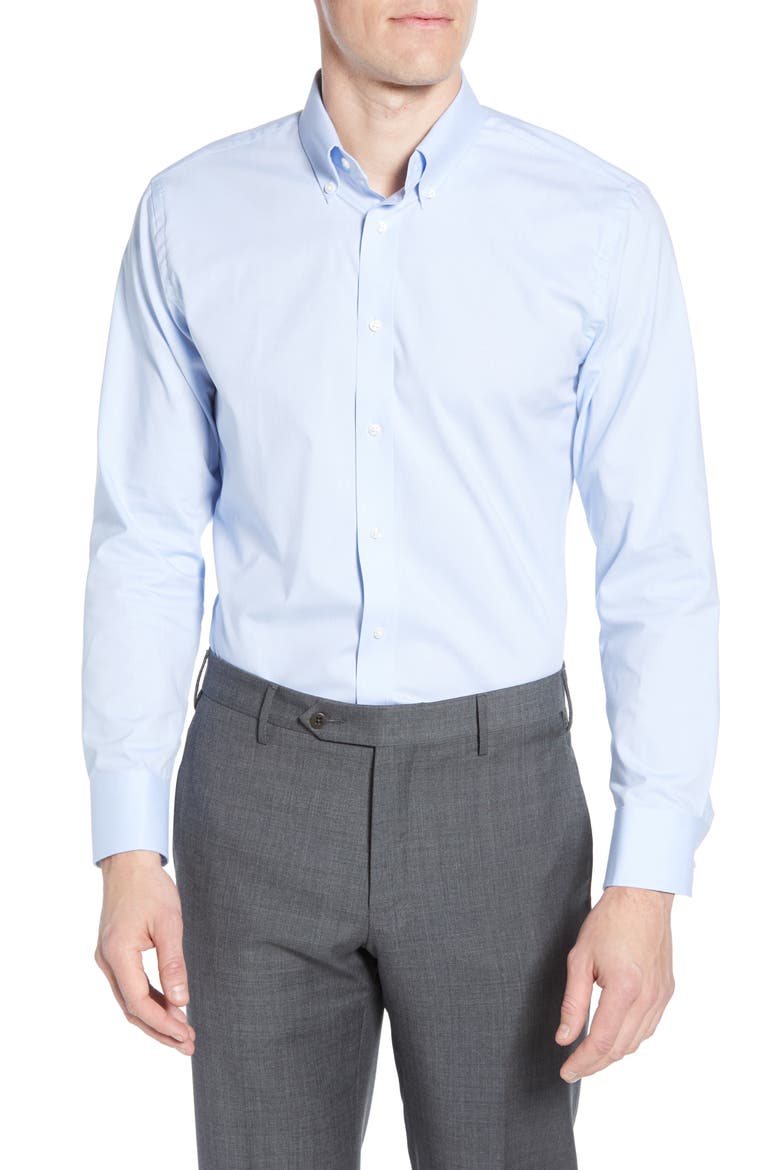 Tech-Smart Trim Fit Stretch Pinpoint Dress Shirt, Main, color, BLUE XENON