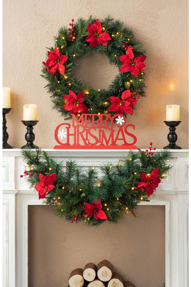 3ft Lighted Christmas Swag with Poinsettia Berry & Timer, Alternate, color, Red
