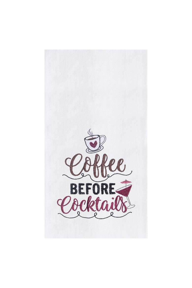 Coffee Before Cocktails Embroidered Cotton Flour Sack Kitchen Towel, Main, color, White