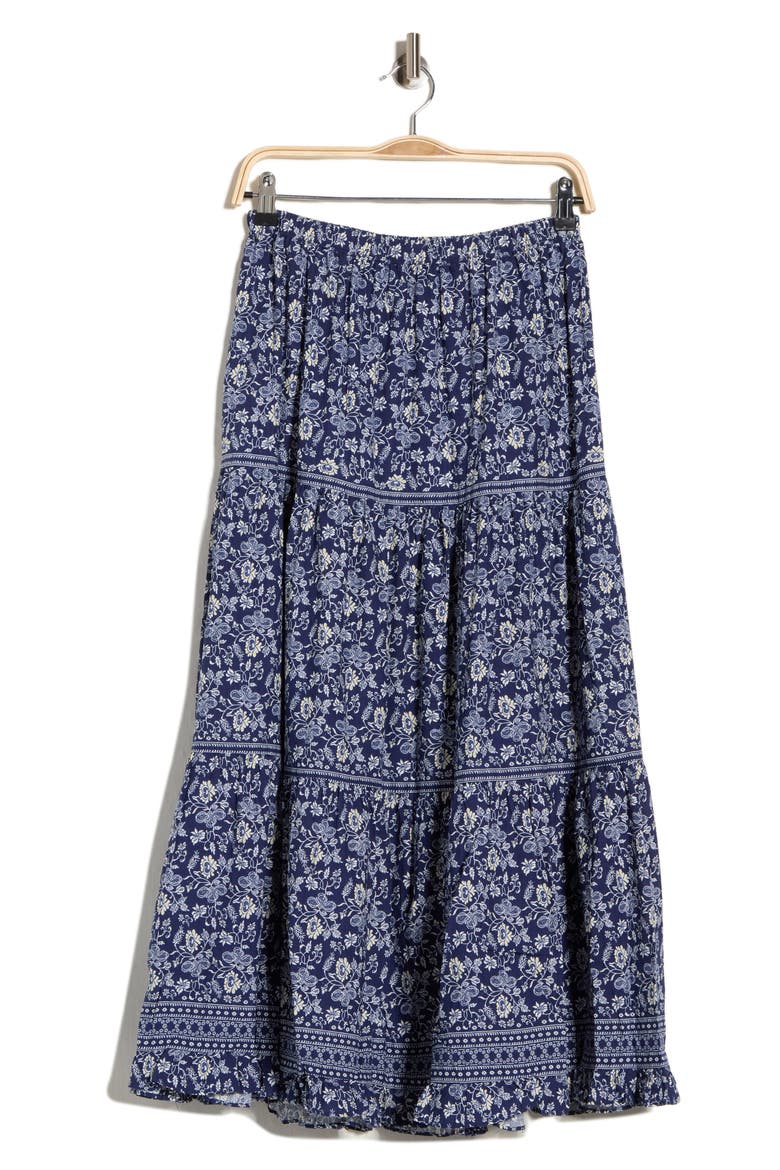 Floral Wreath Print Tiered Cotton Blend Maxi Skirt, Alternate, color, NAVY VINTAGE STENCIL