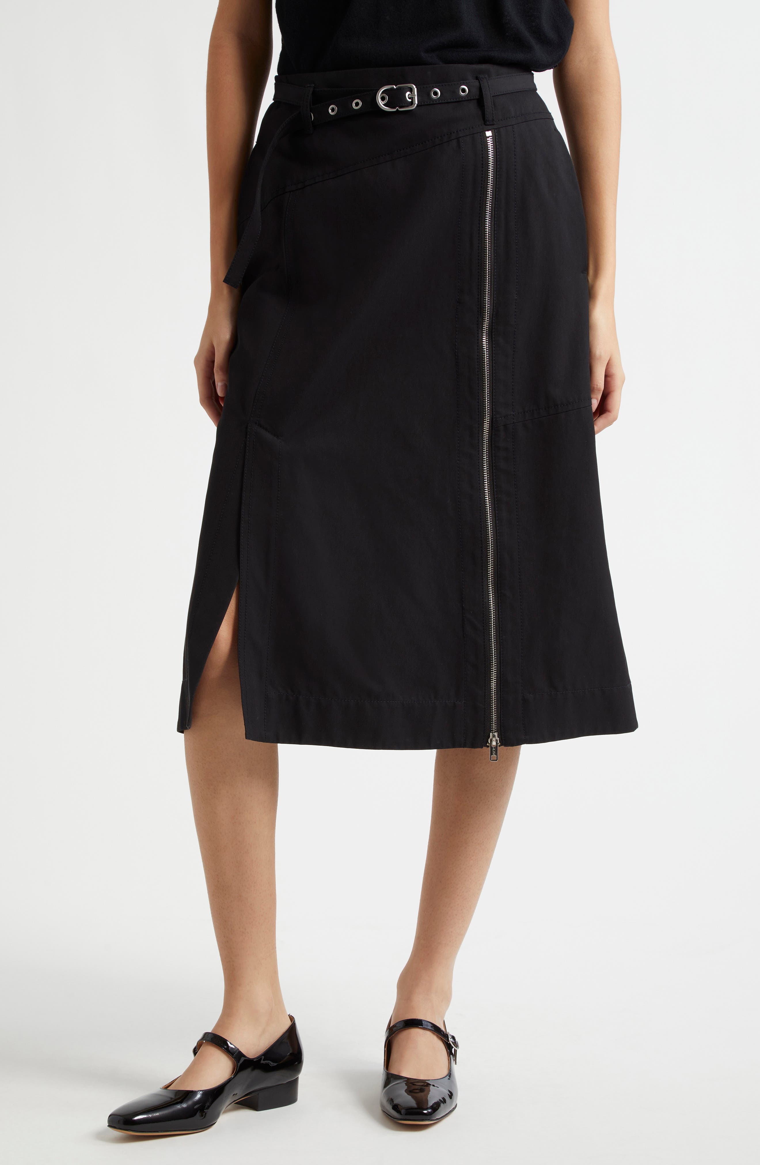 Belted Utility Cotton Blend Midi Skirt