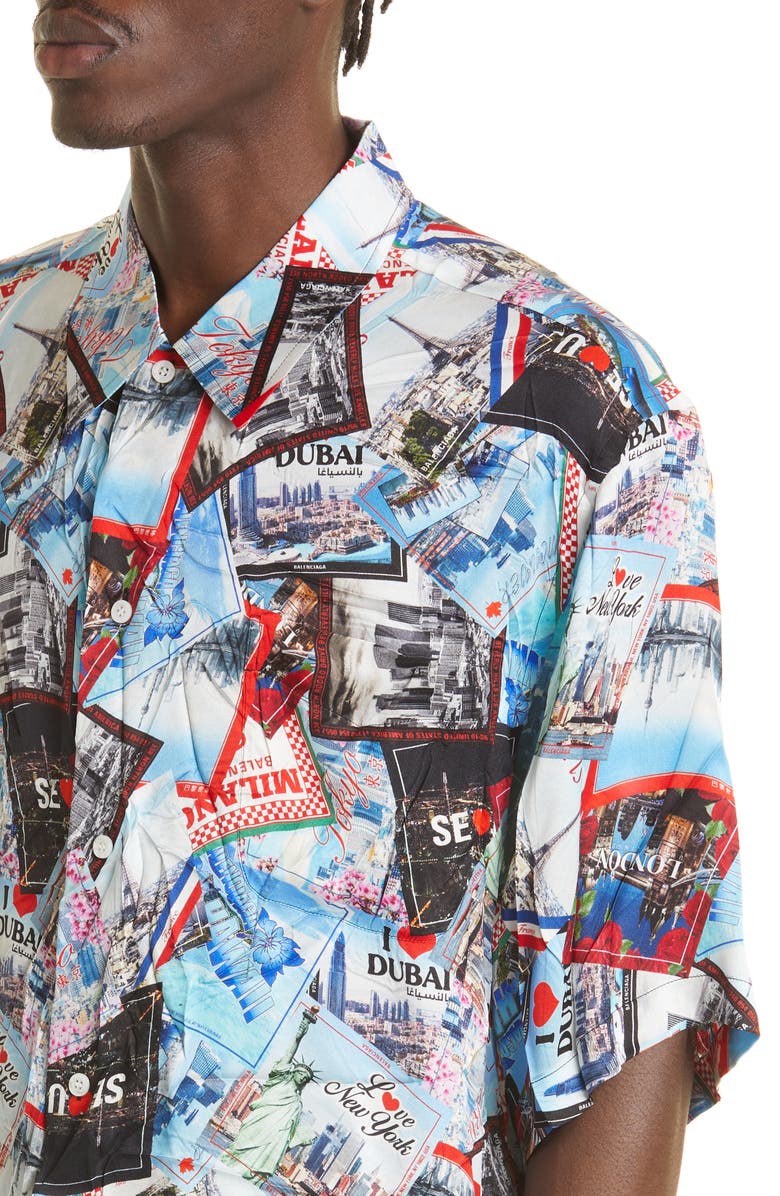 Balenciaga Allover Cities Print Silk Button-Up Shirt, Alternate, color, 