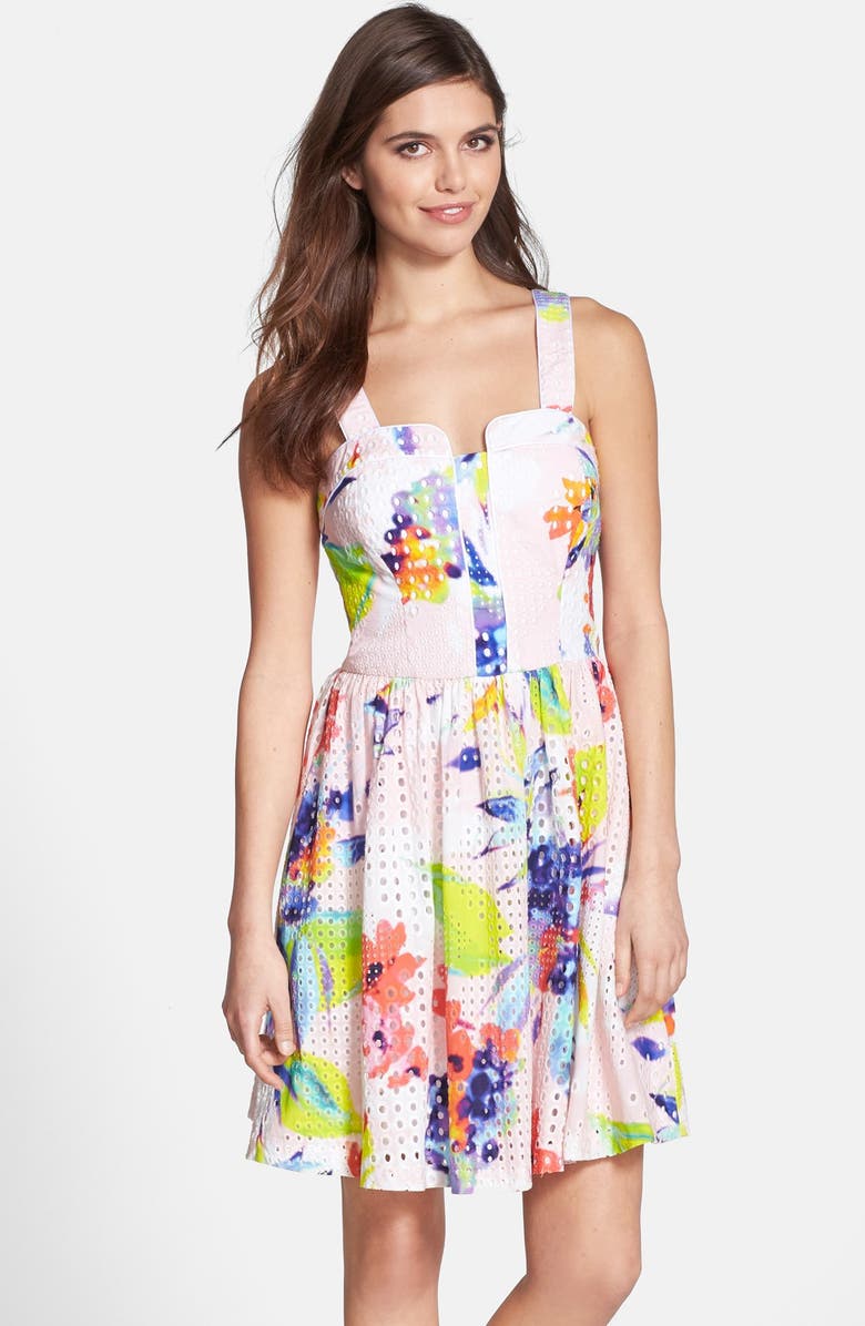 Trina Turk 'Elin' Print Cotton Eyelet Fit & Flare Dress, Main, color,