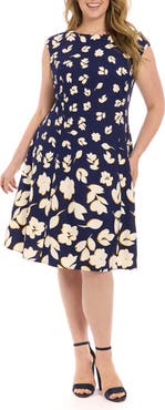 London Times Cap Sleeve Fit & Flare Dress