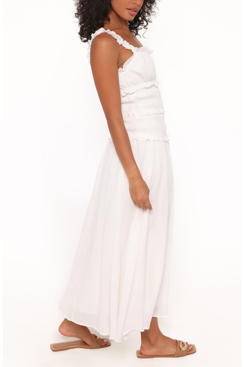 Enola Shirred Ruffle Trim Midi Dress, Alternate, color, WHITE