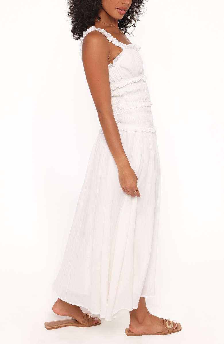 Petal & Pup Enola Shirred Ruffle Trim Midi Dress, Alternate, color, White
