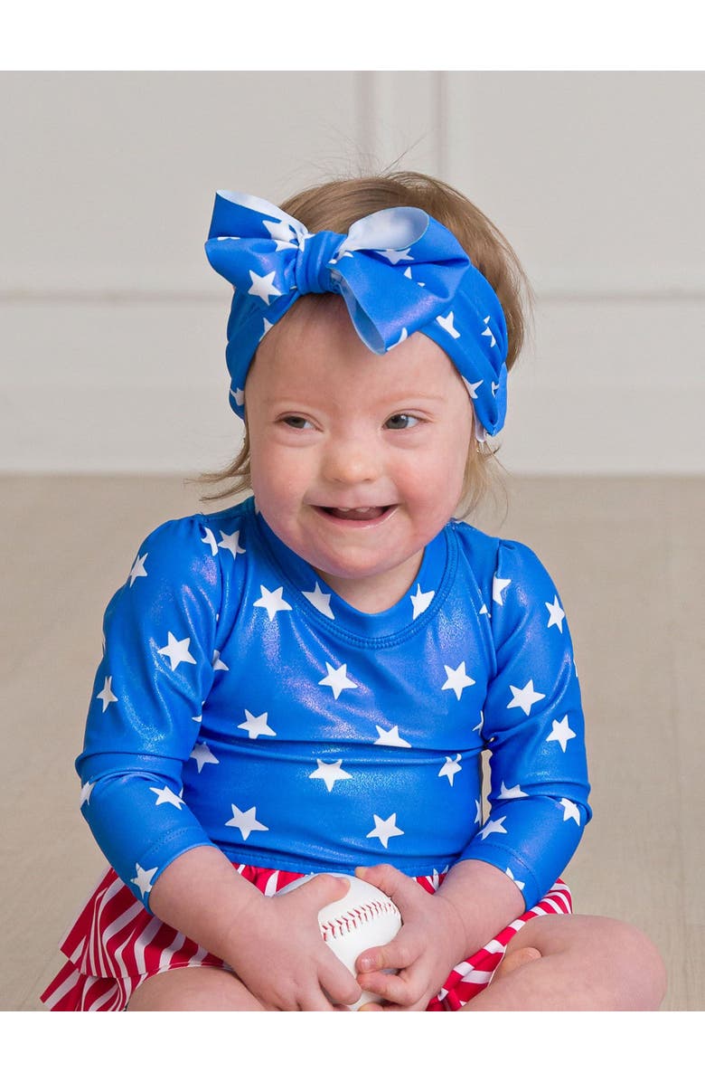RuffleButts Girls UPF50+ Shimmer Swim Bow Headband, Alternate, color, Shimmer Blue Star