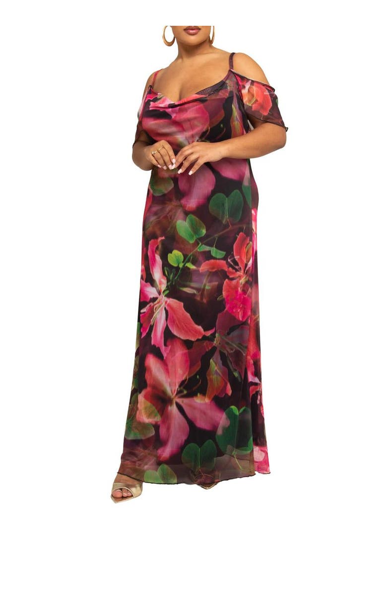 FASHION-SZN CURVE Mesh Off The Shoulder Printed Maxi Dress, Alternate, color, 