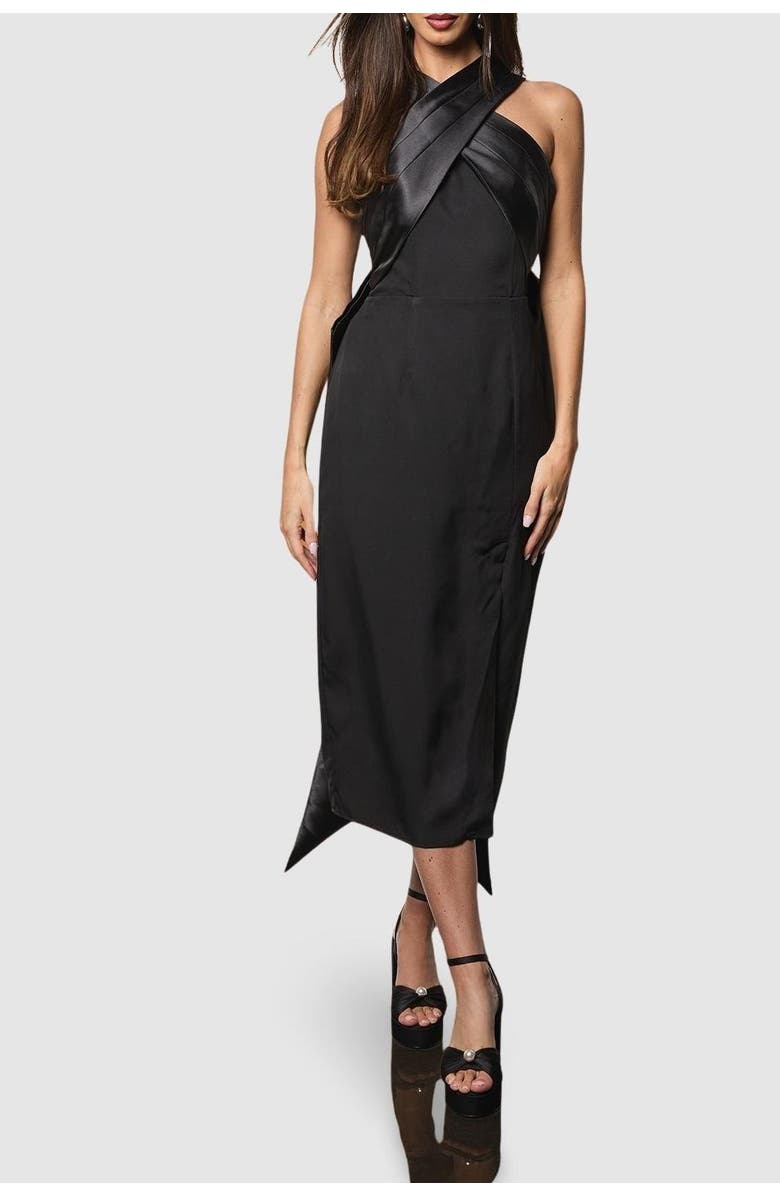 Coast Cross Over Front Bow Back Midi Dress, Alternate, color, Black