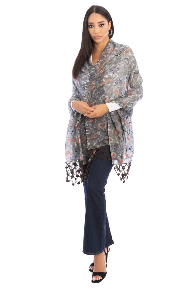 Mix Print Fringe Scarf, Alternate, color, GREY