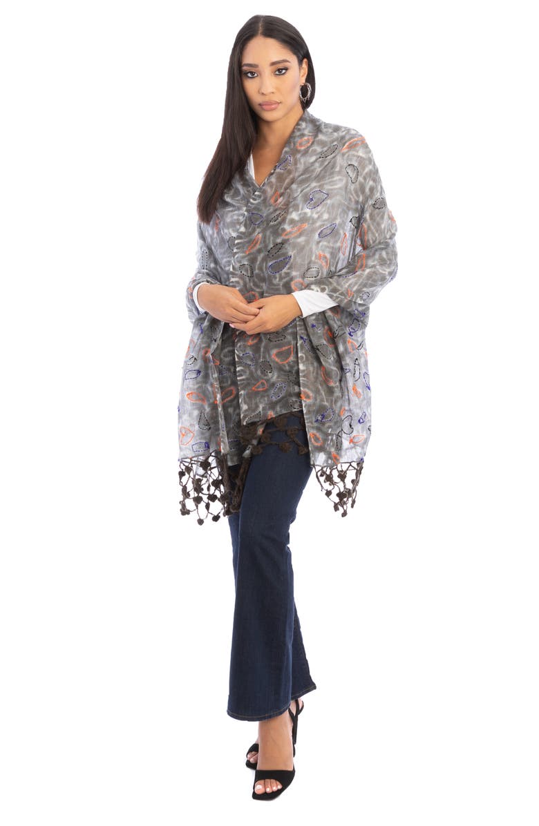 SAACHI Mix Print Fringe Scarf, Alternate, color, Grey