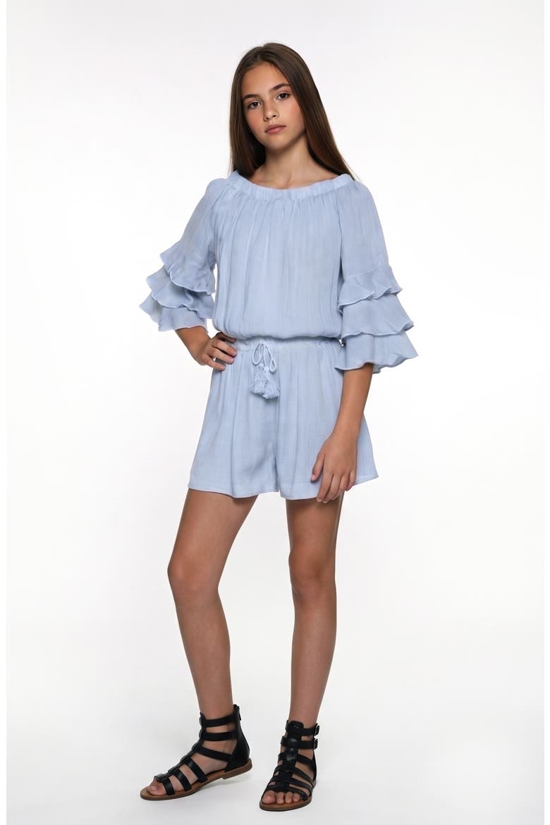 Kids' Tiered Ruffle Sleeve Romper, Alternate, color, BLUE