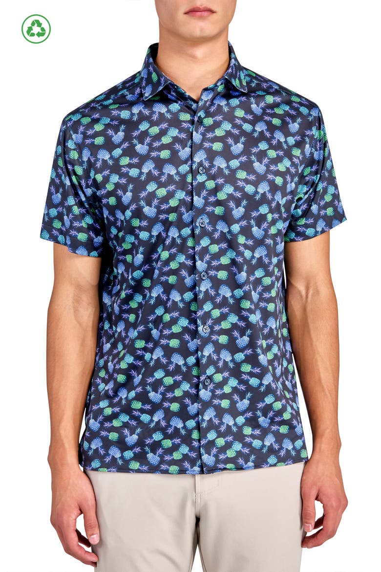 Regular Fit Pineapple Print Recycled Performance Golf Button-Down Shirt, Main, color, NAVY