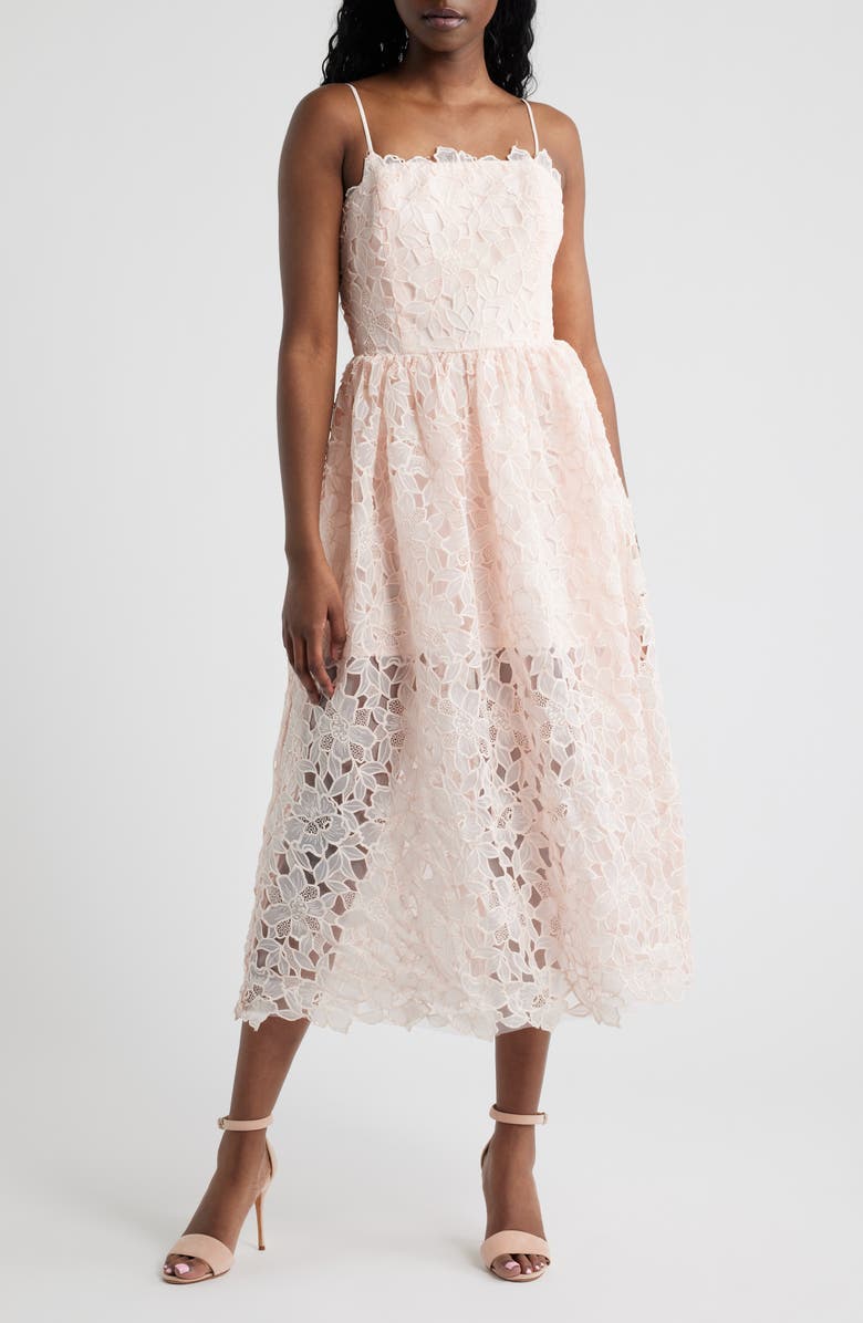 Lucy Paris Holly Floral Lace Midi Dress, Main, color, Pink