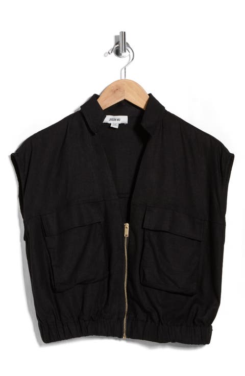Zip Front Linen Blend Crop Top