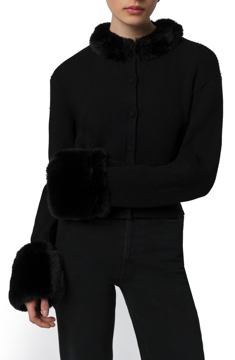 Apparis Rosa Pluche<sup>™</sup> Faux Fur Trim Cardigan, Main, color, Noir / Noir