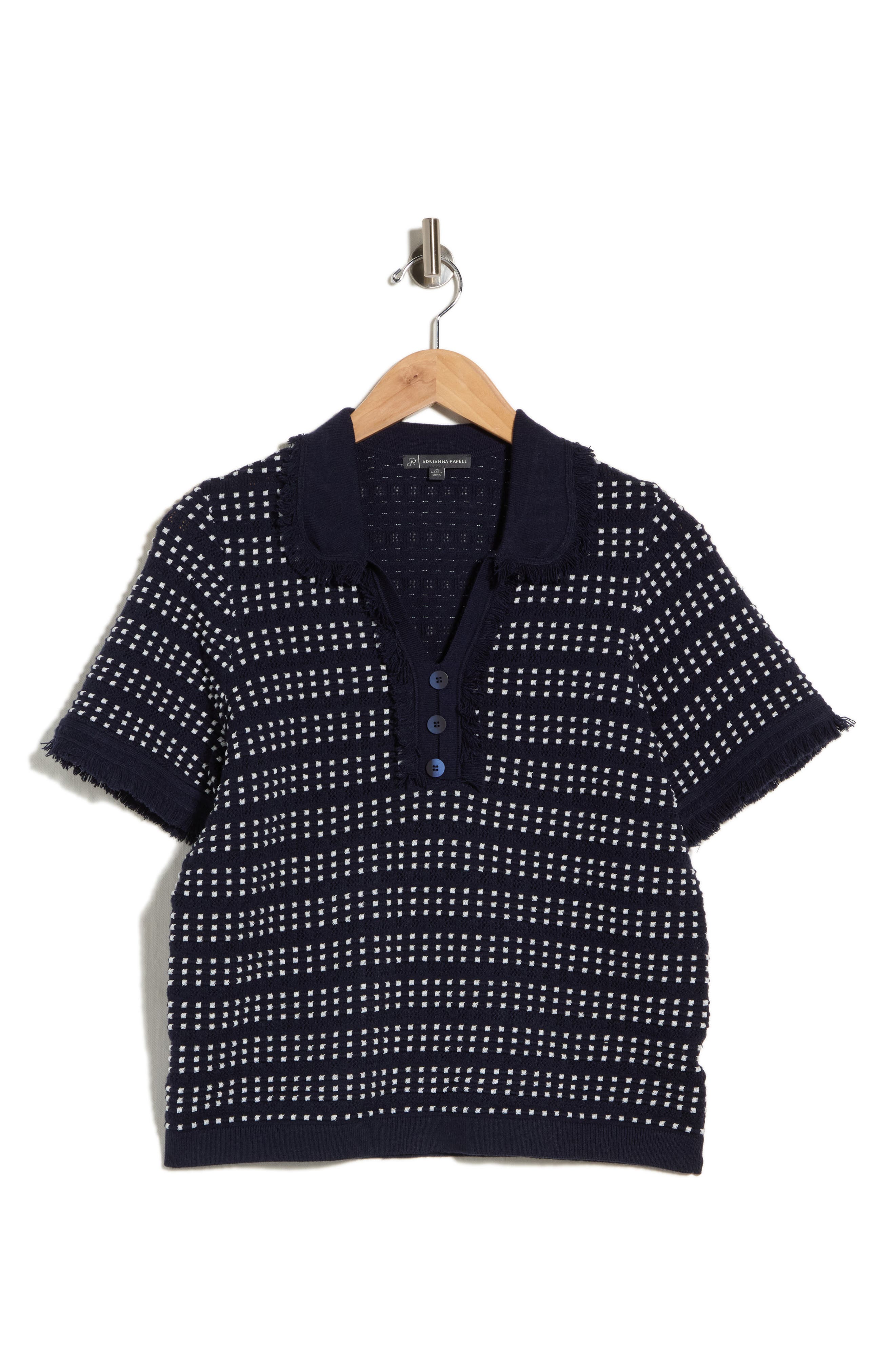 Fringe Trim Textured Polo Sweater