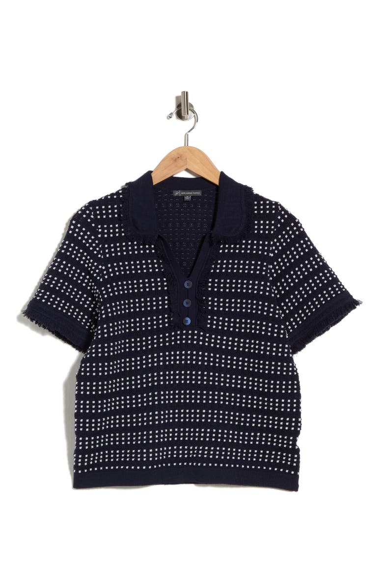 Fringe Trim Textured Polo Sweater, Main, color, NAVY/ IVORY
