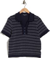 Adrianna Papell Fringe Trim Textured Polo Sweater