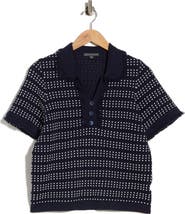 Adrianna Papell Fringe Trim Textured Polo Sweater