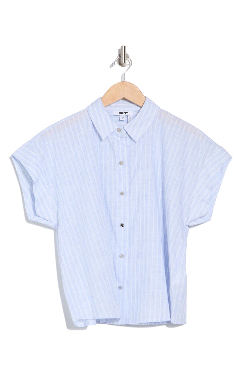 DKNY Short Sleeve Cotton Poplin Button-Up Shirt, Alternate, color, Blue/ White Stripe