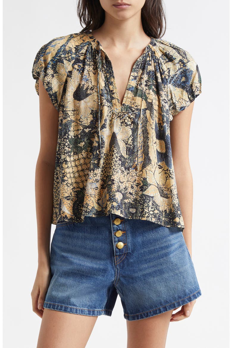 Issa Mixed Print Cotton Blend Top, Main, color, BELLFLOWER
