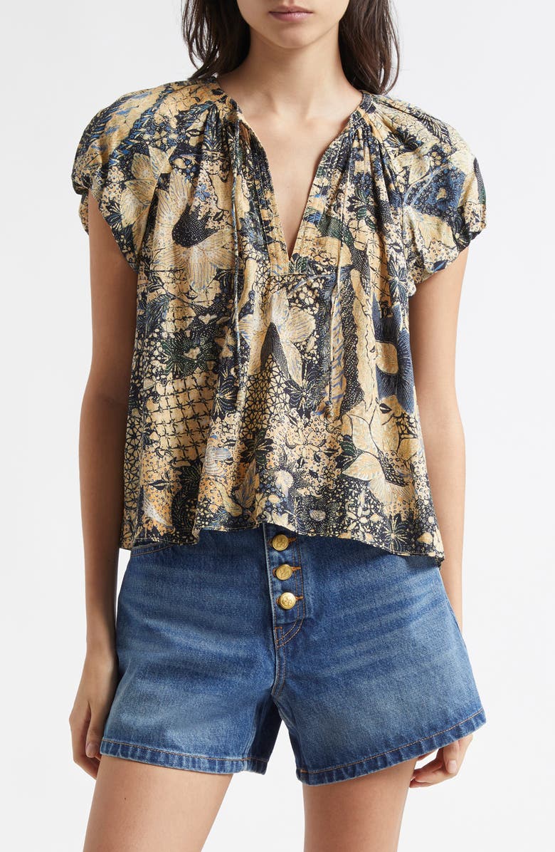 Ulla Johnson Issa Mixed Print Cotton Blend Top, Main, color, Bellflower