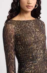 Open Edit Ruched Long Sleeve Mesh Top