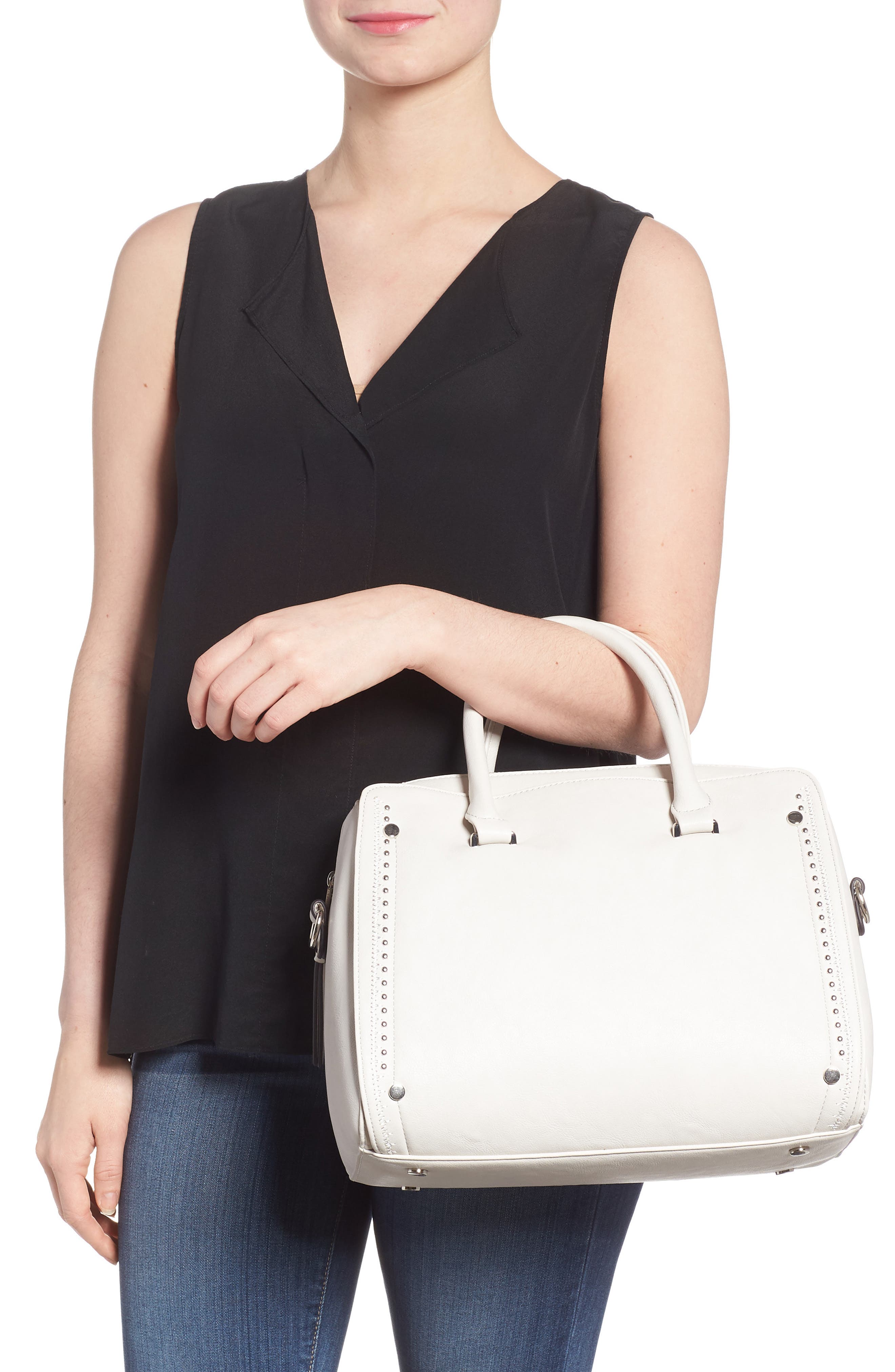 Sole Society Speedy Studded Faux Leather Satchel, Alternate, color, 