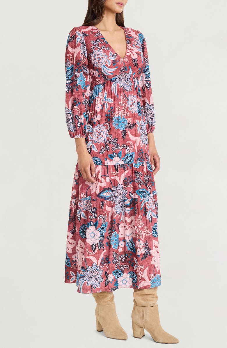 The Good Journey Floral Long Sleeve Empire Waist Tiered Maxi Dress, Alternate, color, Clay/ Teal
