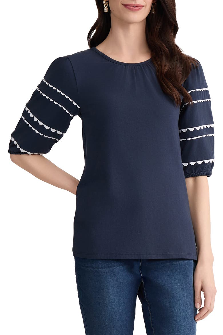 Rickrack Puff Sleeve Stretch Cotton Top, Main, color, PACIFIC NAVY/ NATURAL WHITE