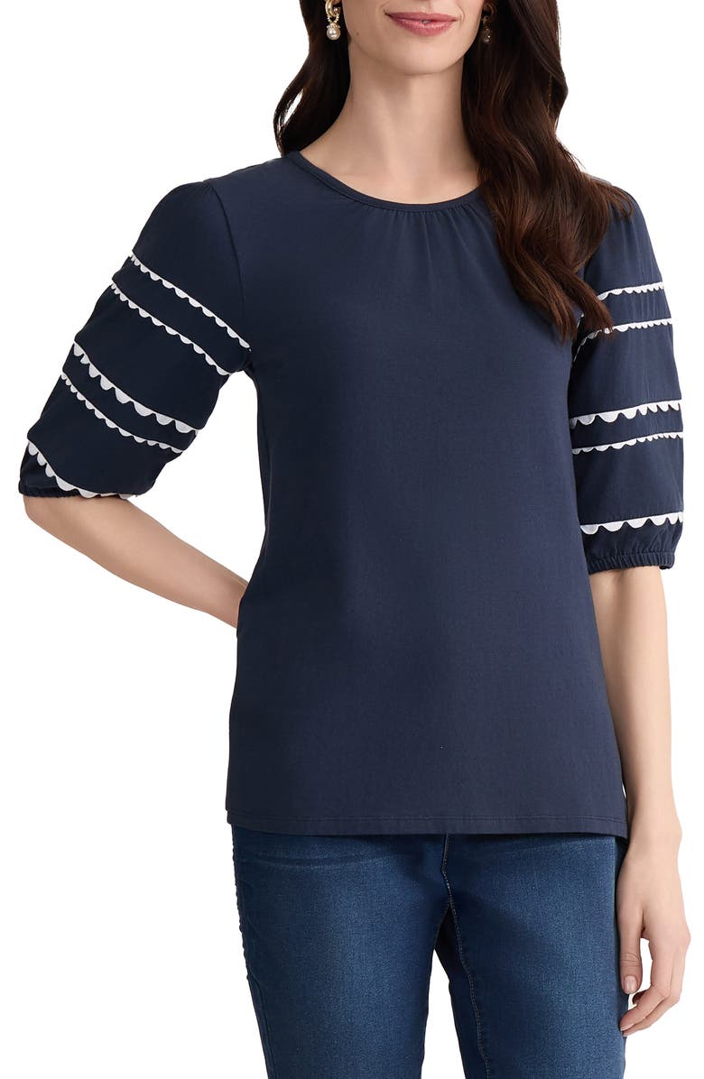 Jones New York Rickrack Puff Sleeve Stretch Cotton Top, Main, color, Pacific Navy/ Natural White