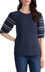 Jones New York Rickrack Puff Sleeve Stretch Cotton Top