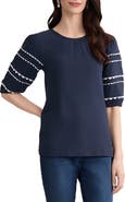 Jones New York Rickrack Puff Sleeve Stretch Cotton Top