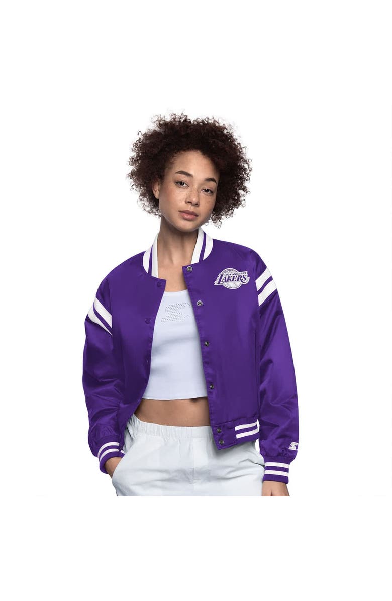 STARTER Women's Starter Purple/White Los Angeles Lakers Full Count Satin Full-Snap Varsity Jacket, Main, color, Purple