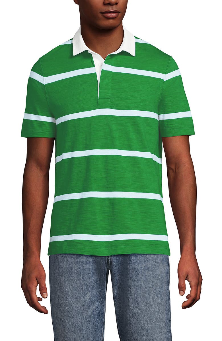 Lands' End Short Sleeve Slub Textured Rugby Polo, Main, color, True Green/Blue Stripe