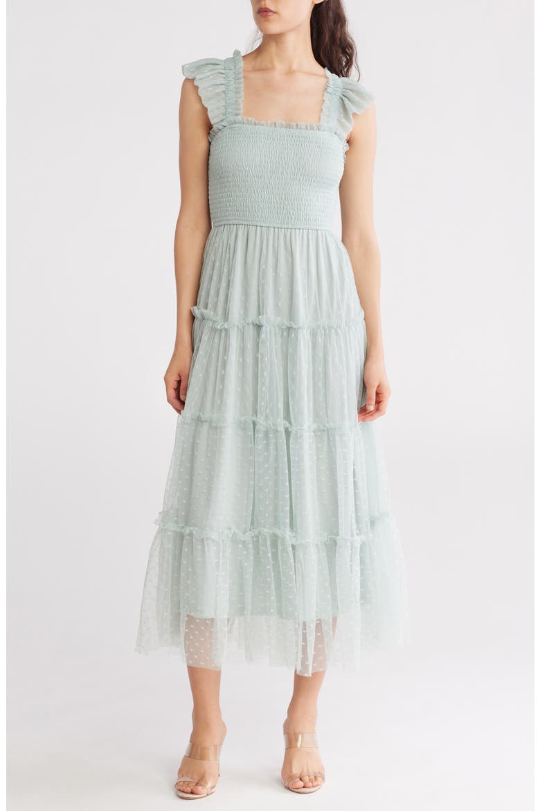 Mesh Smocked Tiered Midi Dress, Main, color, SAGE