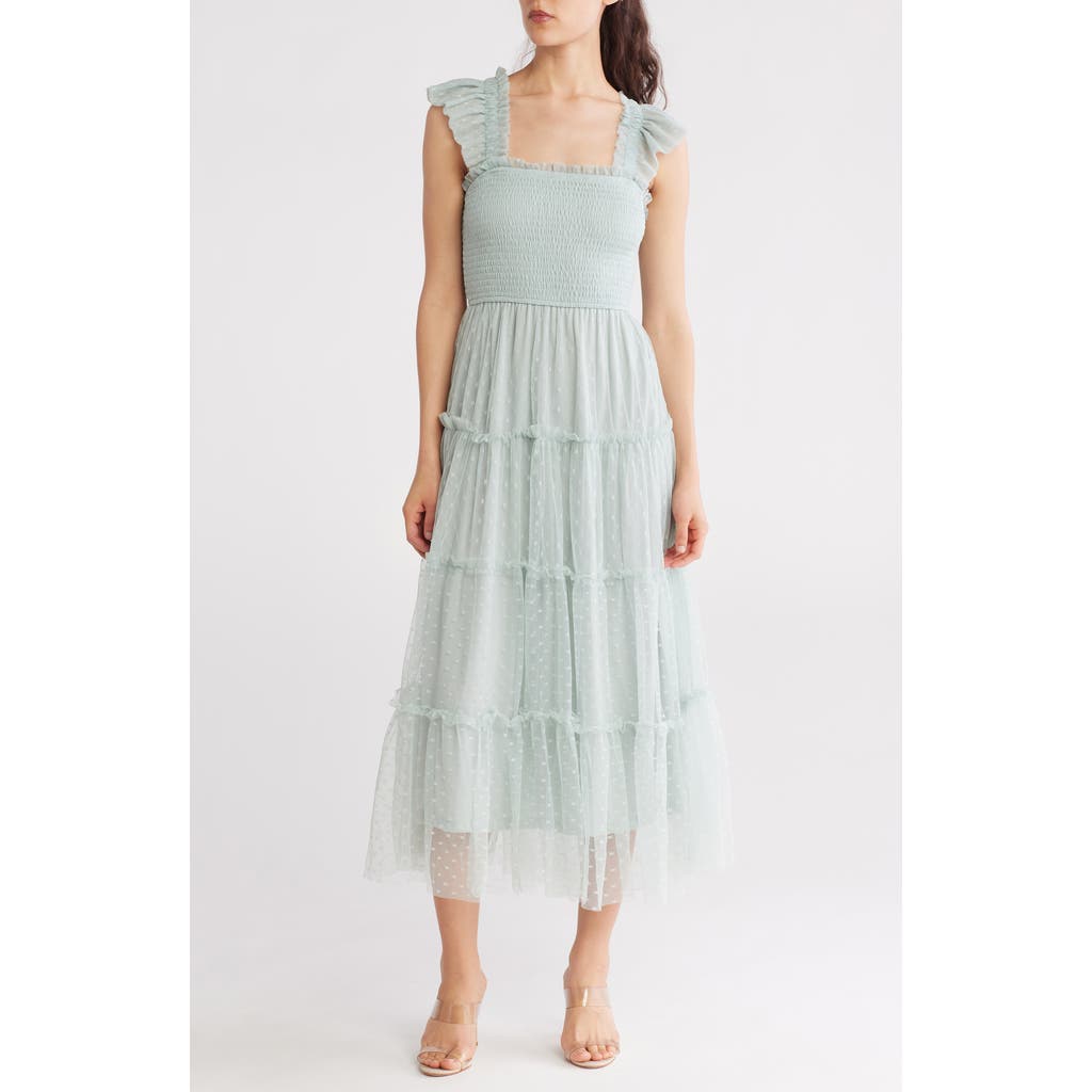 Blu Pepper Mesh Smocked Tiered Midi Dress In Sage