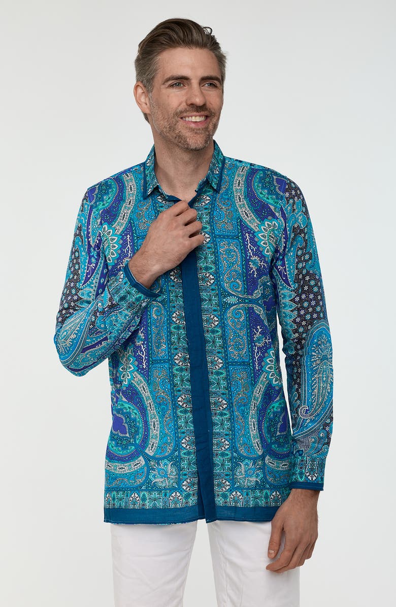 RANEES Paisley Button-Up Resort Shirt, Alternate, color, Blue