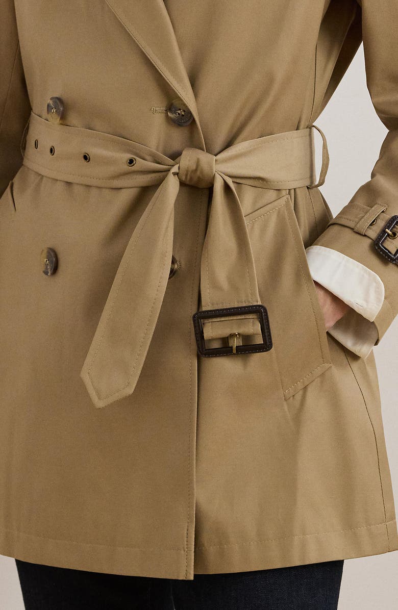 Lauren Ralph Lauren Short Double Breasted Trench Coat, Alternate, color, Birch Tan