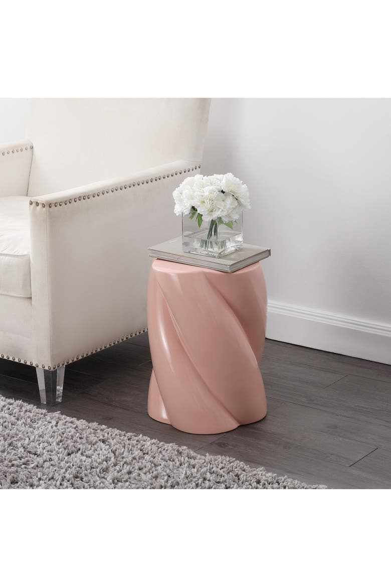 Yves Modern Glossy Ceramic Twisted Garden Stool - Indoor/Outdoor Accent Side Table, End Table, Patio Seat & Plant Stand, Alternate, color, Pink